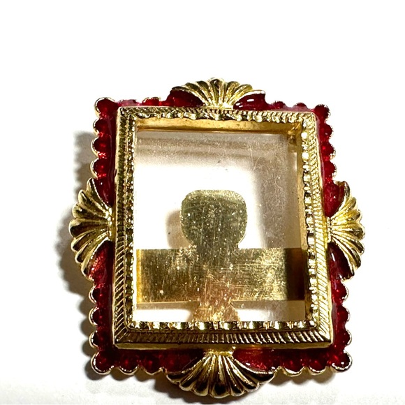 LMC Jewelry - Vintage LMC Art Deco Style Picture Frame Brooch Red & Gold Tone Rectangular 80s